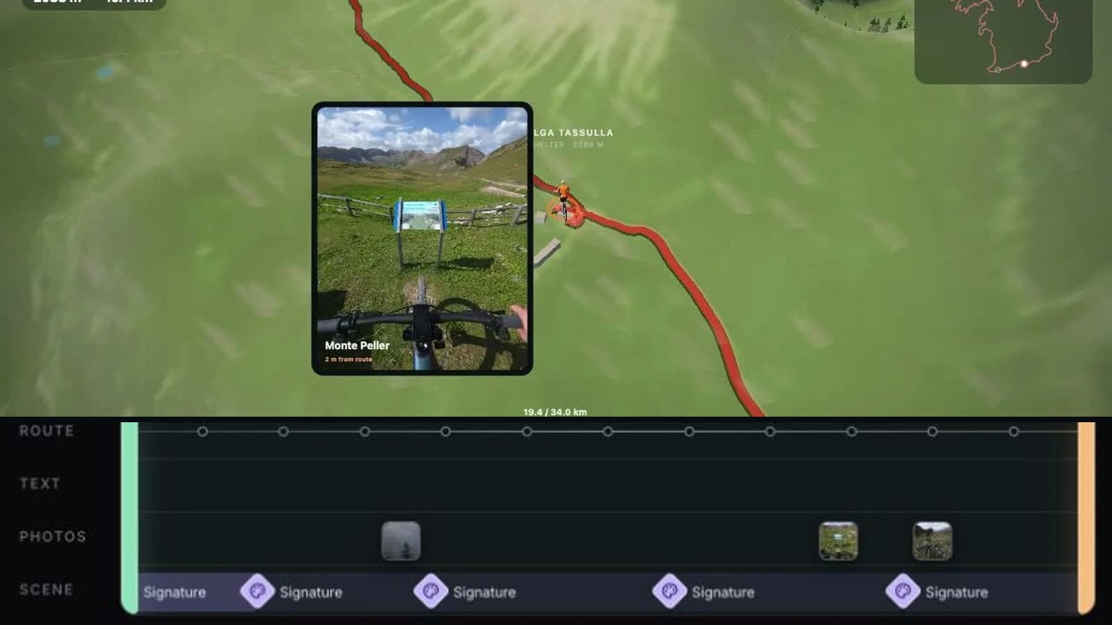Flyover Studio timeline showing a photo moment from the Monte Peller route.