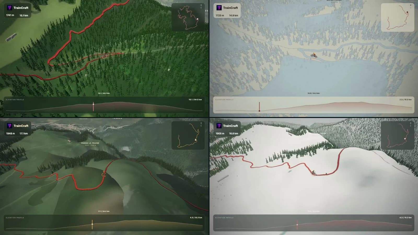 Monte Peller flyover frames showing variations in season, light, and terrain style.